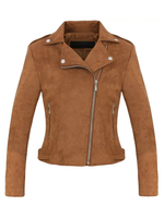 Frauen Motorradjacke Wildleder Leder Turndown Kragen Langarm Kurzjacken