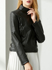 Frauen Motorradjacken Black Jewel Neck Zipper Leder Short Jacket