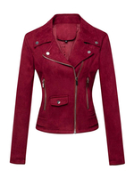 Frauen Motorradjacken Burgunder Turndown Kragen Langarm Zip Up Kurze Jacke