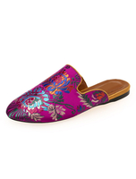 Frauen Mule Loafers Satin ethnische runde Zehe Floral bestickte flache Maultiere