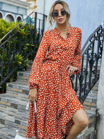 Frauen Orange Hemd Kleider Langarm Langarm Baumwolle Bedruckt Langes Kleid