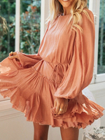 Frauen Orange Skater Kleider Baumwolle Jewel Neck Schnüren Lässig Langarm Fit Kleid