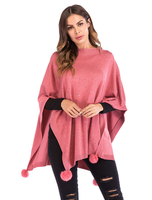 Frauen Oversized Poncho Rundhals Pom Poms Strass Pullover Top