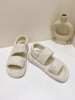 Frauen Pantoletten Ecru Weiß Kunstpelz Künstliche Kurze Plüsch Futter Chic Pantoletten Schuhe