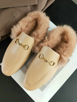 Frauen Pantoletten Leder Aprikose künstliche kurze Plüsch runde Zehen lässige flache Schuhe
