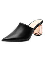 Frauen Pantoletten Leder schwarz spitzen Zehen Slip-On Chunky Heel Freizeitschuhe