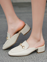 Frauen Pantoletten Leder Weiß Runde Zehen Chunky Heel Mental Detaillierte Slip-On Schuhe