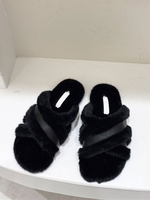 Frauen Pantoletten Schwarz Kunstpelz Künstliche Kurze Plüsch Pantoletten Schuhe