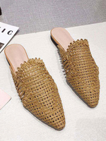 Frauen Pantoletten Woven Leder Khaki Spitzschuh Strand Flache Schuhe Für Sommer