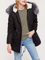 Frauen-Parka-Mantel-Faux-Pelz-Ordnungs-mit Kapuze Taschen Drawstring-Schwarz-Winter-Mantel