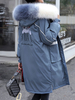 Frauen Parka Mäntel Blau Kunstpelz Kapuze Langarm Bestickte Puffer Mäntel