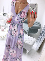 Frauen Party Kleider Lila V-Ausschnitt Schnürung Kurzarm Ärmel Blumendruck Muster Semi Formal Dress Langes Kleid