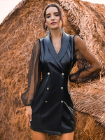 Frauen Party Kleider Schwarz V-Ausschnitt Knöpfe Langarm Ärmel geschichtet Bodycon Semi Formal Dress