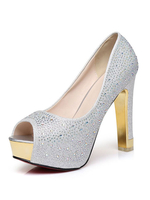 Frauen Party Schuhe Silber Plateau Peep Toe Strass Slip On Abendschuhe Glitter High Heels