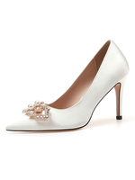 Frauen Party Schuhe White Pointed Toe Strass Satin High Heel Abendschuhe
