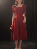 Frauen Partykleid mit Cocktail Burgund Schöne A-Linie Tee-Länge Square Neck Midi Kleid