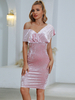Frauen Pink Bodycon Kleider Kurzarm Velours Sexy Midi Kleid Etuikleid