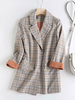 Frauen Plaid Blazer Grau Turndown Kragen Langarm Casual Blazer Mit Taschen