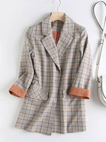 Frauen Plaid Blazer Grau Turndown Kragen Langarm Casual Blazer Mit Taschen
