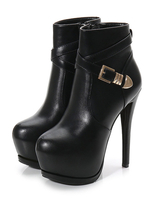 Frauen Plateau Booties Schwarz Runde Kappe Schnalle Pfennigabsatz 5;7 "Stiefeletten