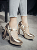 Frauen Plattform Pumps Round Toe Chunky Heel Silber Leder Damenschuhe