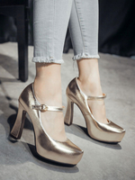 Frauen Plattform Pumps Round Toe Chunky Heel Silber Leder Damenschuhe