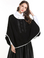 Frauen Poncho Black Scoop Neck Halbarm Häkeln Casual Cape