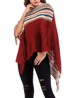 Frauen Poncho Burgund Jewel Neck Stripes Knit Cape