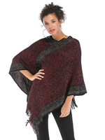 Frauen Poncho Farbblock Bateau Neck Langarm Baumwolle Quaste Burgund Cape