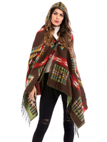 Frauen Poncho Geometric Hooded Coffee Langarm Brown Cotton Cape