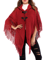 Frauen Poncho Hoodie Rot gestrickt Fringe Cape