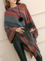 Frauen Poncho Jewel Neck Oragnge Roter Poncho Layered Fringe Color Block Cape