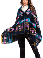 Frauen Poncho Mantel Blue Hooded Geometric Printed Cape
