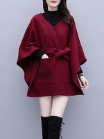 Frauen Poncho Mantel-Pelz-Designed Ausschnitt Burgund Maxi-Faux-Pelz-Kap