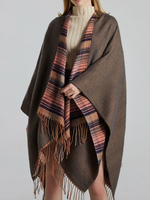Frauen Poncho Mantel Tiefbraun Plaid Langarm Cape Mäntel