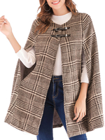 Frauen Poncho Plaid Jewel Neck Kamel Poncho Layered Buttons Cape