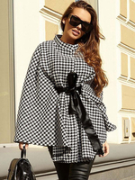Frauen Poncho Plaid Jewel Neck Schwarzes Schnürkap