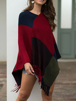 Frauen Poncho Plaid V-Ausschnitt Rot Übergroße Fransen Farbblock Cape
