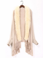 Frauen Poncho V-Ausschnitt Ecru White Poncho Winter Fringe Cape