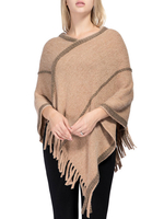 Frauen Poncho V-Ausschnitt Kamel Bestickt Patch Layered Fringe Wrap Cape