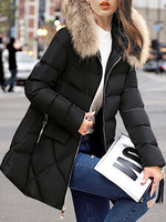 Frauen Puffer Jacke 2020 Schwarz Kunstpelz Kapuzeed Zip Up Steppjacke