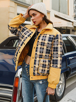 Frauen Puffer Mäntel Gelb Plaid Wärme Erhaltung Turndown Kragen Vorderknopf Langarm Langarm Winter Oberbekleidung