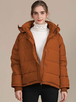 Frauen Puffermäntel Kurze Ecru White Buttons Mit Kapuze Reißverschluss Langärmeln Casual Winter Mantel