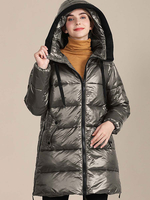 Frauen Puffermäntel mittlere Reißverschluss mit Kapuze Lange Ärmel Casual Winter Mantel