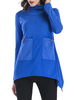 Frauen Pullover Blau-Juwel-Ausschnitt Langarm Baumwolle Top mit Taschen