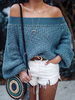 Frauen Pullover Blau Off-The-Schulter lange Ärmel Short Pullover
