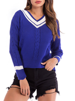 Frauen Pullover Blau V-Ausschnitt Langarm Patch Color Block Acryl Pullover