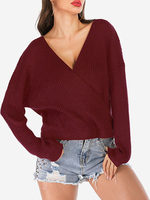 Frauen Pullover Burgunder V-Ausschnitt Langarm Acryl Wickelpullover