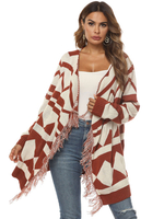 Frauen Pullover Cardigans Orange Rot Plaid Fringe Langarm-Maxi-Cardigan
