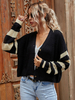 Frauen Pullover Cardigans Schwarz Polyester-Farben-Block mit langen Ärmeln V-Ausschnitt Wintermäntel